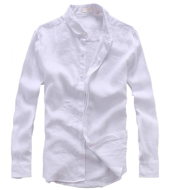 Men's Casual Collared Invisible Button-Front Rolled Sleeve Linen Shirts ...