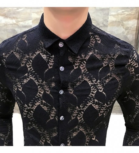 Men's Flower Pattern See Through Long Sleeve Shirts - C379-black ...