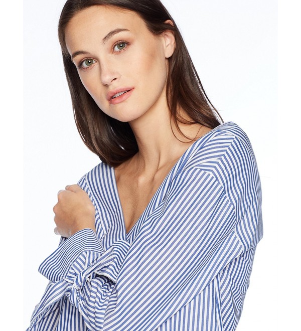 Women's V Neck Long Sleeves Blue Strip Shirt - Blue Strip - C7186SXLYTT